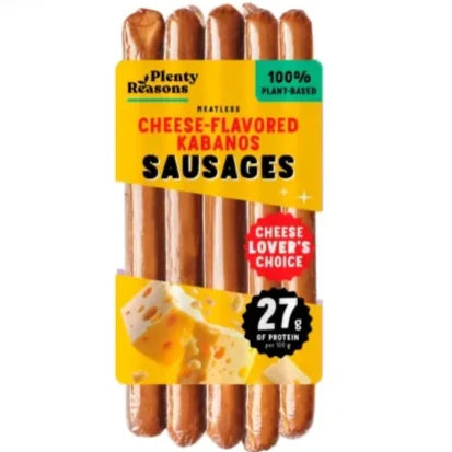 Pack of cheese-flavored sausages with a yellow label on a white background, featuring the brand 'Plenty Reasons'.