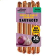 Pack of vegan onion and garlic sausages with packaging on a white background