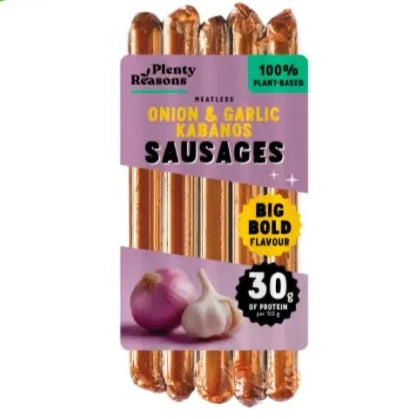 Pack of vegan onion and garlic sausages with packaging on a white background